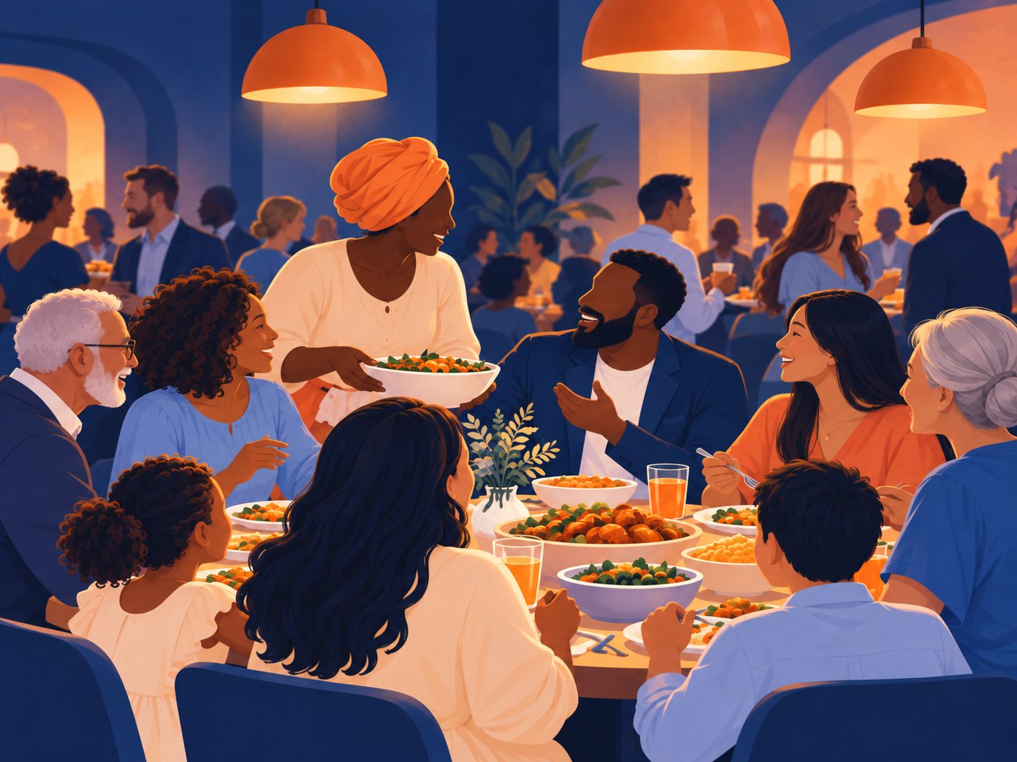 Church family sharing a meal together
