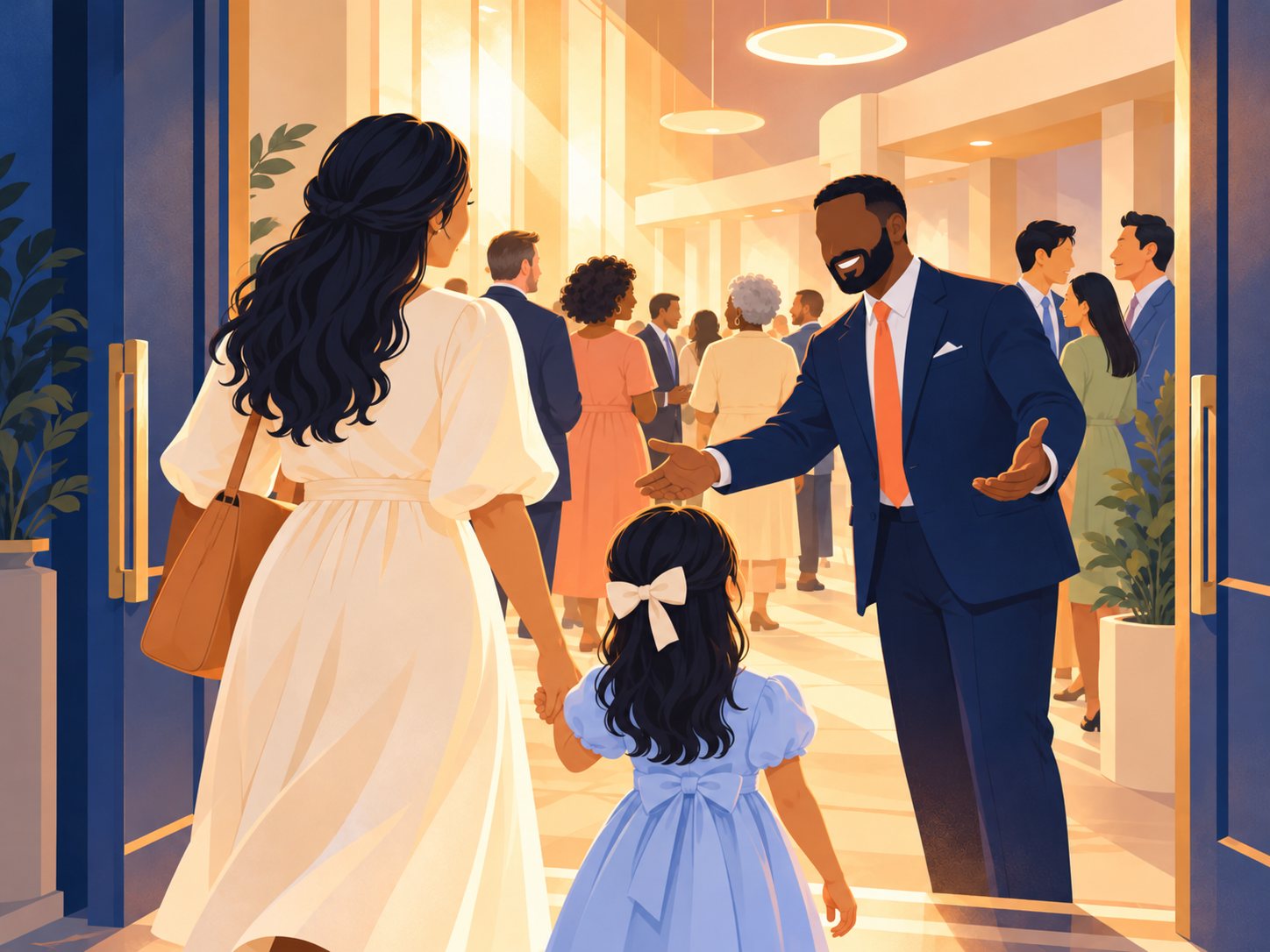 A greeter welcoming a family at the door
